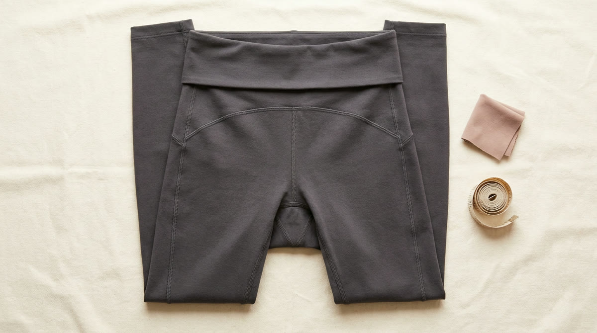 Flat lay of high-waisted leggings showing the waistband, front seam, side seams and gusset area